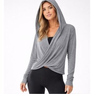 ZYIA ACTIVE Womens Size L Grey Haze Yoga Wrap Top Hooded Cross Front Sweater